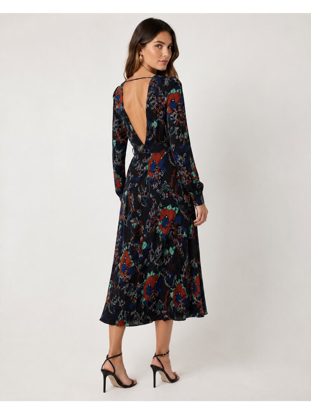 ba&sh Floral Midi Dress 4 XS Abelia Noir Open Back Long Sleeves Belted